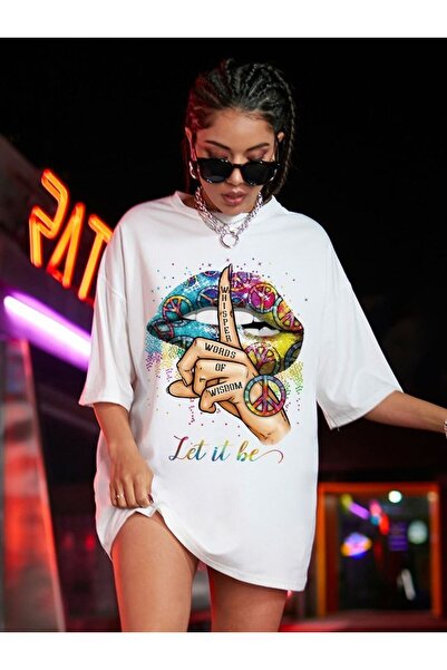 Vordevia Tricou oversize alb cu imprimeu pe buze