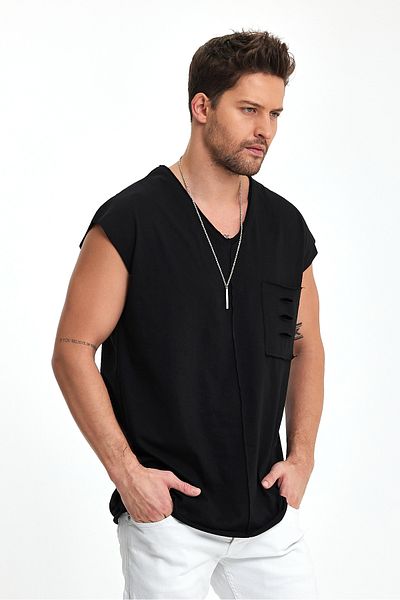 BABBOSS Oversize V-Neck Tank Top with Low Shoulder Pocket Detail