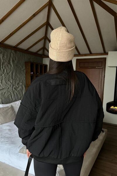 FMN Moda Women's piece stitching detail lined pinterest oversize loose-fitting equivalent pocket bomber coat jacket