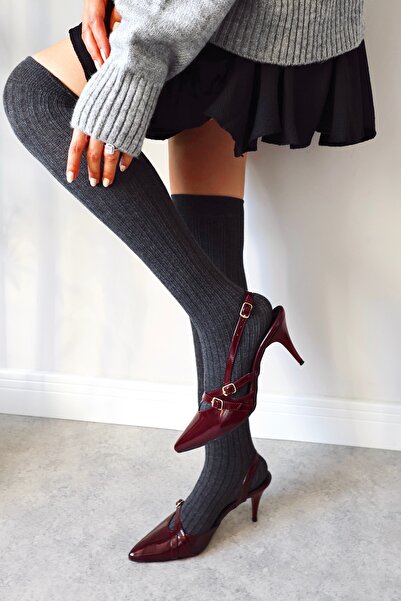 POLKA STORE Blair Pointed Toe Two-Striped Buckle Claret Red Patent Leather Heeled Cherry Red Women's Shoes