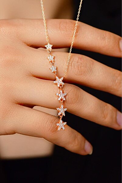 Roza Silver Zirkon Taşlı Rose Sıralı Yıldız Gümüş Kolye