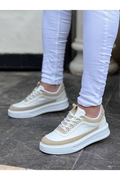 modalem -006 White Skin Beige Suede High Sole Lace-Up Casual Men's Shoes 55856