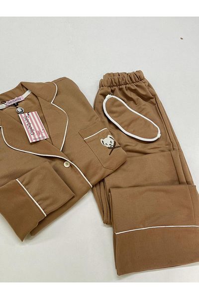 Serbella Brown Teddy Bear Embroidered Long Sleeve Pajama Set