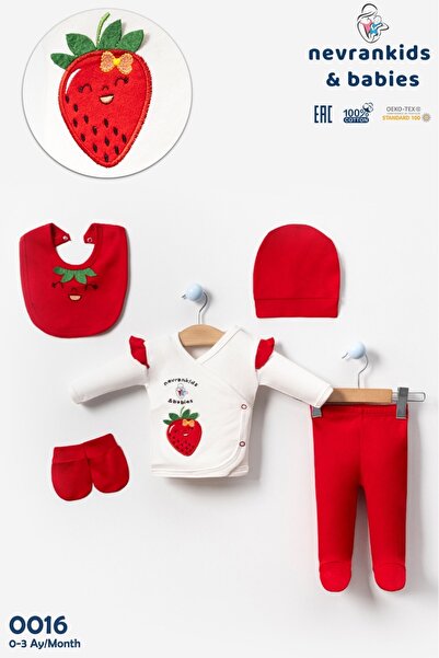 bkm22 Kız Bebek Çilek Nakışlı 5'li Hastane Çıkışı