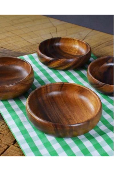 Kitchen Pembelia Set of 4 Natural Dark Wooden Snack and Jam Presentation Bowls