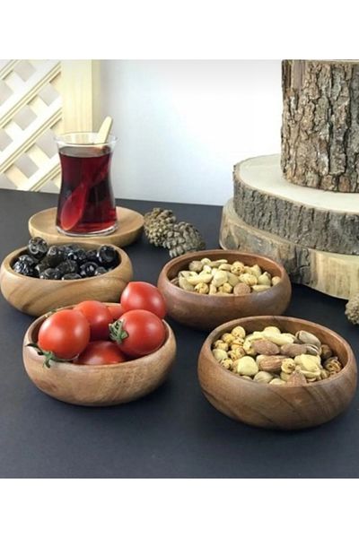 Kitchen Pembelia Set of 4 Natural Dark Wooden Snack and Jam Presentation Bowls