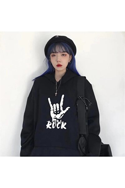 Le Savu Rock cu imprimeu Negru Unisex cu glugă supradimensionat Swea tricou