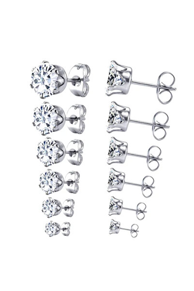 Öte Beri Öteberi Silver Paslanmaz Kararmaz 316l Cerrahi Çelik Unisex Şeffaf Oval Zirkon Taşlı Çift Küpe Seti