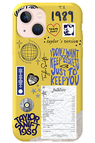 WANNA PROTECT iPhone 15 Sarı İçi Kadife Taylor Swift Sticker Desenli Silikon ...