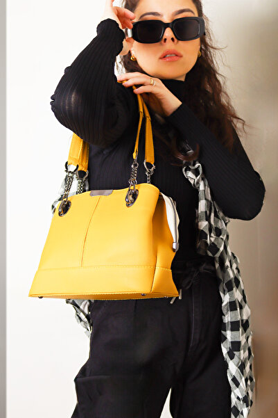 Jack Tonio Geantă de mână și geantă de umăr din piele galbenă cu curea reglabilă cu fermoar