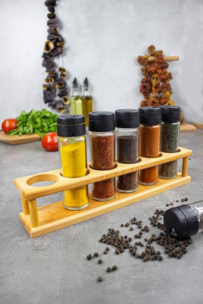 KukiWood طقم توابل ياسمين 6 قطع، طقم توابل 6 قطع مع حامل خشبي