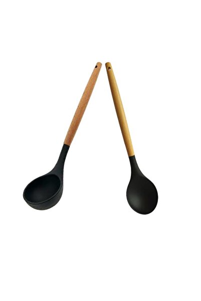 ncy مجموعة مغرفة سيليكون فاخرة بمقبض خشبي من الخيزران مكونة من قطعتين