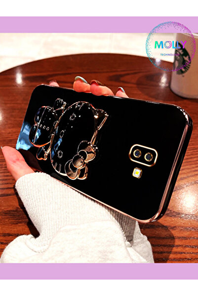 Molly Samsung Galaxy J6 PLUS Için Siyah Hello Kitty Standlı Kenarları Gold Detaylı Lüks Silikon Kılıf