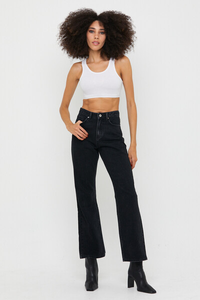 Kadın Füme Premium Yüksek Bel Geniş Paça Mom Jeans