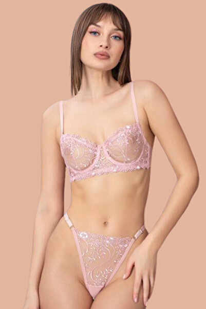 NurPeri İç Giyim Γυναικείο Σετ στρινγκ με σύρμα και κορδόνι με λουλουδάτο μοτ...