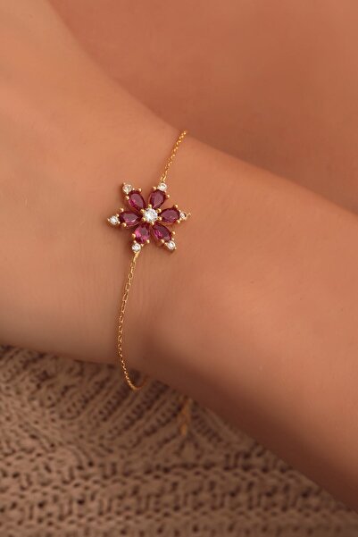 Bilsen Store 925 Ayar Gümüş Zincirli Altın Kaplama Kırmızı Damla Taşlı Lotus ...