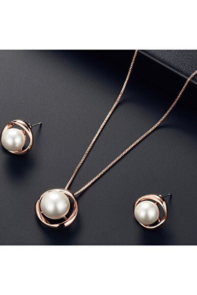 Takıtolia Pearl Inci Taşlı Rose Gold Kolye Küpe Sade Şık Gelin Düğün Hediye T...