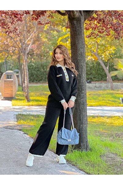 DAMGA Collection طقم تريكو نسائي سترة وبنطلون بياقة بولو