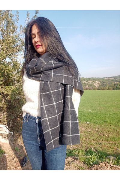 arslan deco Fleece Scarf, Black Plaid Scarf with White Stripes, Thick Scarf, Checkered Scarf