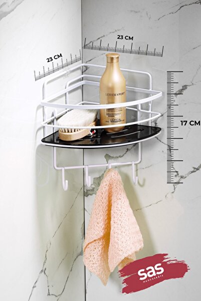 Sas Haus Adhesive 4 Hooks Bathroom Shower Corner Shelf, Adjustable Crystal Shelf (Stick-On/Screw-On) White-Black
