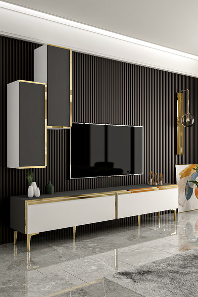 Givayo Mobilya Valeria Tv Ünitesi Altın Ayaklı Beyaz Antrasit