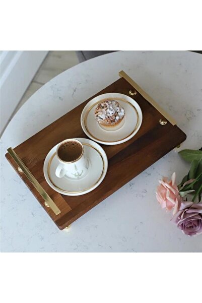 Akayev Florya 34x23 Cm Tray - Wooden, Gold Beaded Legs, Engagement Promise Tray, Gold Handles, Coffee Corner Presentation Table