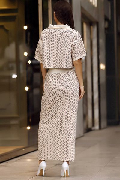 ALCHON V Polo Neck Half Sleeve Short Sweater Elastic Waist Front Slit Buttoned Skirt Patterned Knitwear Double Set