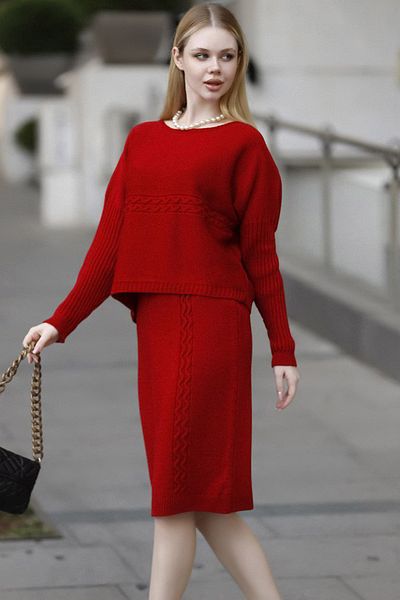 ALCHON Gât de barcă Mâneci lungi cu snur de liliac Păr împletit cu model Pulover scurt cu fustă cu talie elastică Tricoturi Set dublu