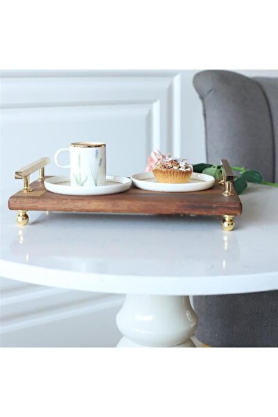 Akayev Florya 34x23 Cm Tray - Wooden, Gold Beaded Legs, Engagement Promise Tray, Gold Handles, Coffee Corner Presentation Table