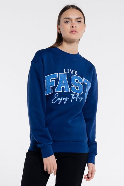 Friday Offset Φούτερ Fast Women's Navy Blue Crew Neck Extra Oversize - Ανυψωμένο 3 νήμα