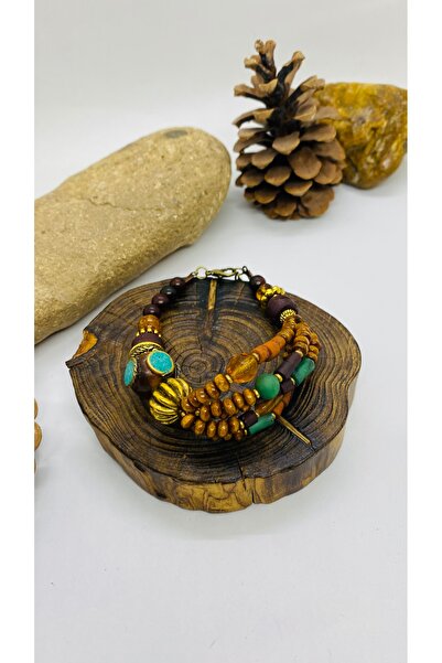 Porsuk Alternatif El yapımı ahşap boncuklu hint camı kadın bileklik