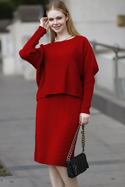 ALCHON Csónaknyak hosszú denevér bordás ujjú haj fonott mintás rövid pulóver derék rugalmas szoknya kötöttáru kétrészes szett