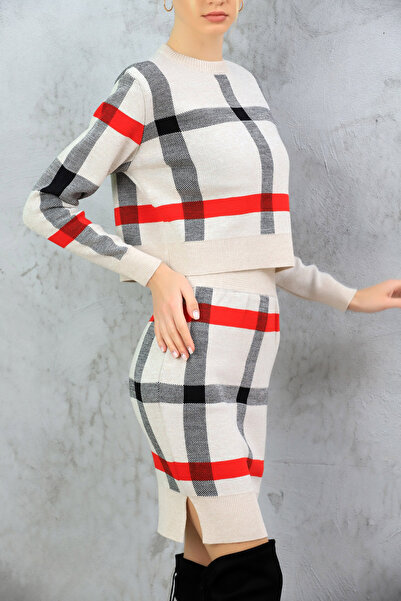 ALCHON Round Crew Neck Color Block Striped Short Sweater Elastic Waist Slit Skirt Double Knitwear Set