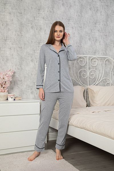 MyBen Set pijama neagră cu nasturi din bumbac de culoare gri din lycra pentru femei 10046