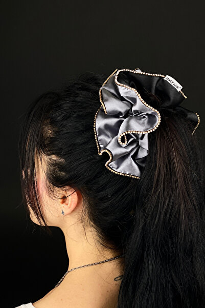Macfame Taşlı Büyük Saten Scrunchie Lastik Toka Gri