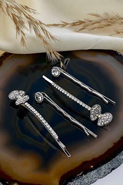 tokasepeticom Küçük Kelebek Detaylı Taşlı Tel Toka Seti Gümüş