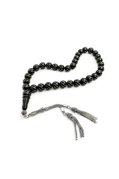 TAŞHAN Gümüş Kakma Çeşmi Bülbül İşlemeli Oltu Taşı Tesbih