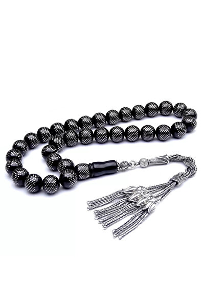 TAŞHAN Gümüş Kakma İşlemeli Oltu taşı Tesbih