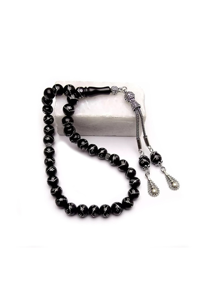 TAŞHAN Gümüş İşlemeli Oltu Taşı Tesbih