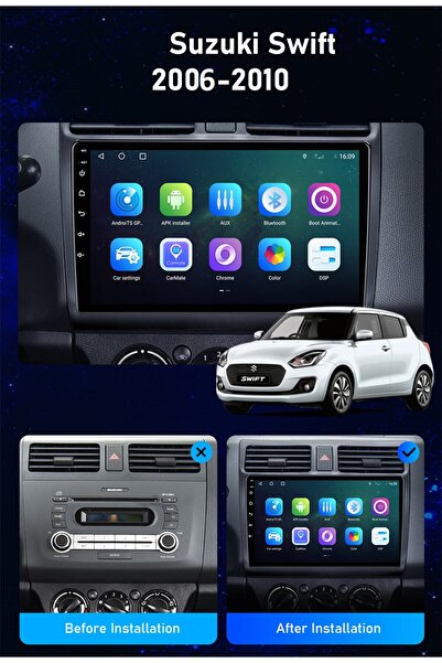 EXVOL Suzuki Swift 2006-2010 Android Multimedya Carplayli 10 Inc Hd Ips Ekran 2gb/32gb Kamera Hediye