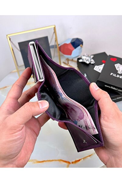 Fil Deri Mechanism Women's Wallet Genuine Leather Automatic Card Holder Purple Color 2001