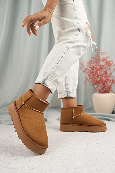 TOBAİ İçi Kürklü Kışlık Mini Süet Düz Ortapedik Taban Sıcak Tutan Yarım Bot Kadın Ayakkabı