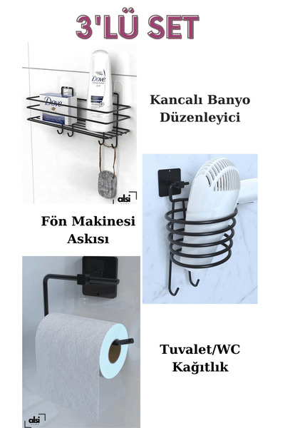 ALSİ HOME Yapışkanlı 3 lü Banyo Rafı Şampuanlık Askısı Siyah Fön Makinesi Ask...