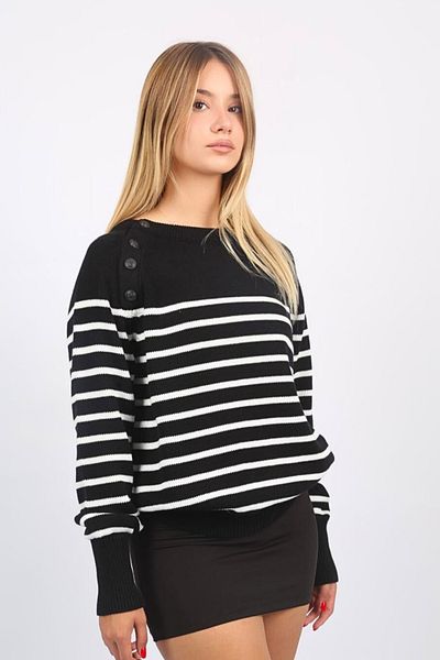 Seeh Pulover cu dungi negru, cu nasturi, cu gâtul turn, SH126