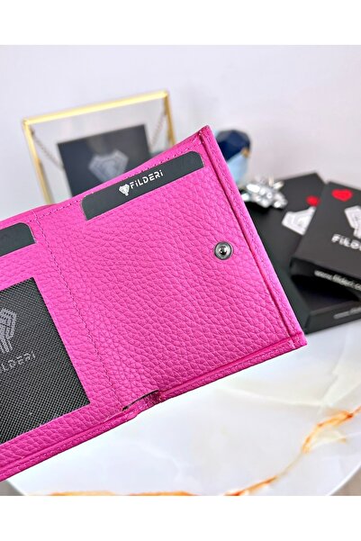 Fil Deri Mechanism Women's Wallet Genuine Leather Automatic Card Holder Pink Color 2001