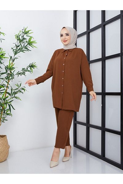 ECK MODA طقم نسائي من قماش الكتان بأزرار سفلية