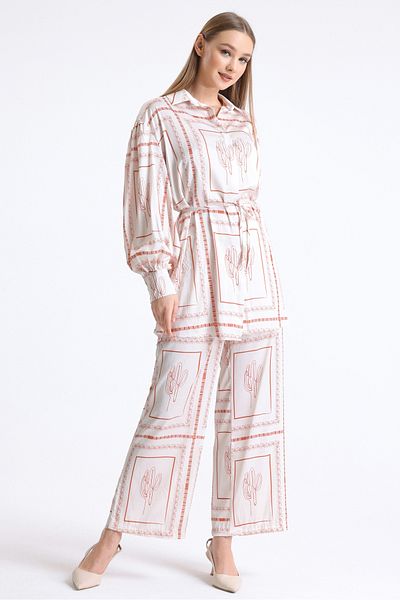 MD trend Women's Ethnic Patterned Belted Wide Leg Trousers and Balloon Sleeve Tunic Bottom-Top Satin Set
