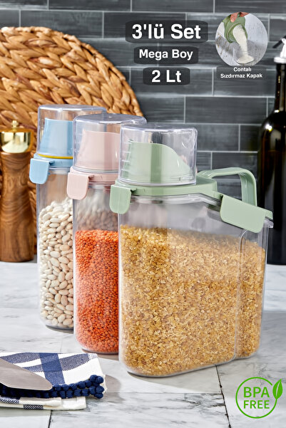 Tugomer 3'lü Unique 2 Lt Contalı Erzak Saklama Kabı - Ölçekli Bakliyat Kabı Düzenleyici Kavanoz