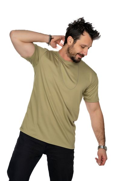 MAXI DRY Ανδρικό μπλουζάκι με λαιμόκοψη χακί κατά της υπερβολικής εφίδρωσης, στεγανό από την υγρασία, διπλό στρώμα
