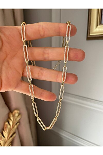 emy by emel luxury silver jewelry Altın Kaplama Taşlı Ataç Zincir Kolye 925 Ayar Gümüş